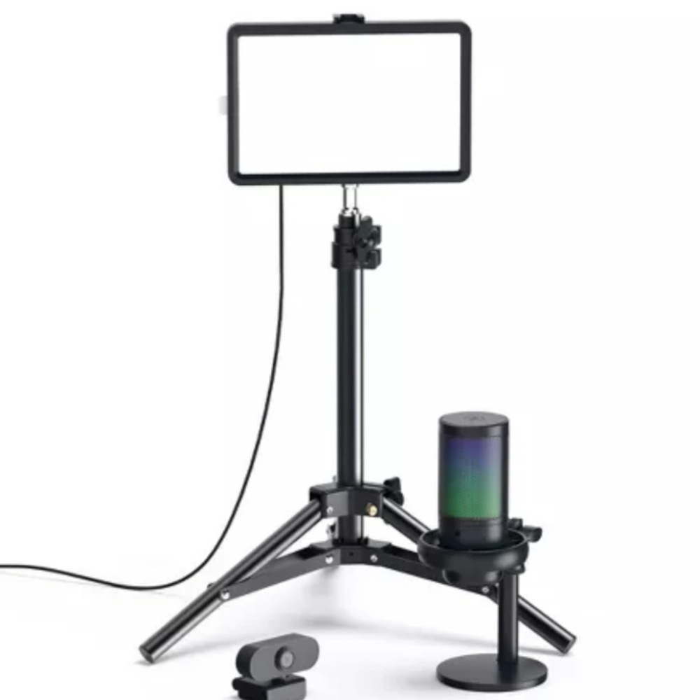 Vlogging Kit: Adjustable Black Tripod with LED Light and Speaker